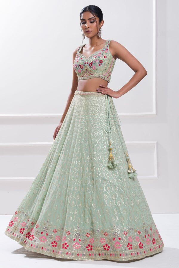 Luxurious Lehenga Choli With Real Mirror Work In Beautiful Pista Color. - Image 2