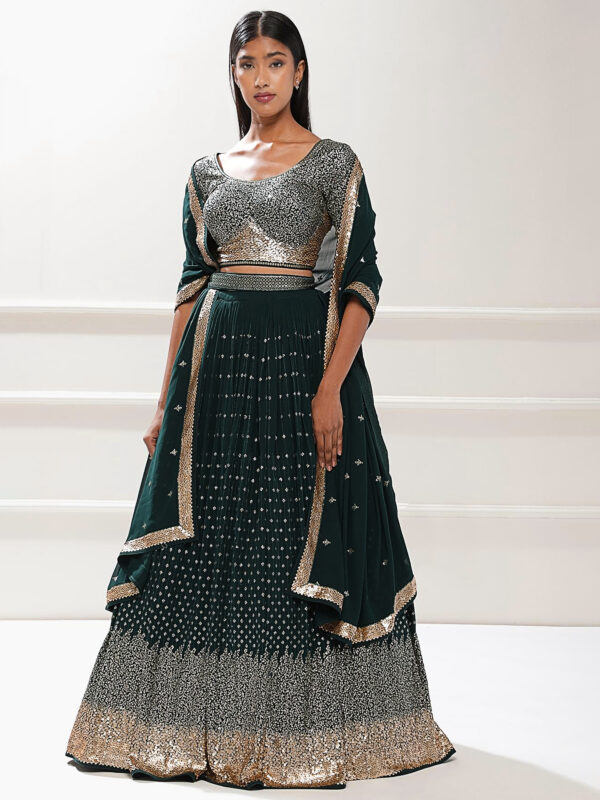 Luxurious Lehenga Choli With  golden sequins Work In Green Color.