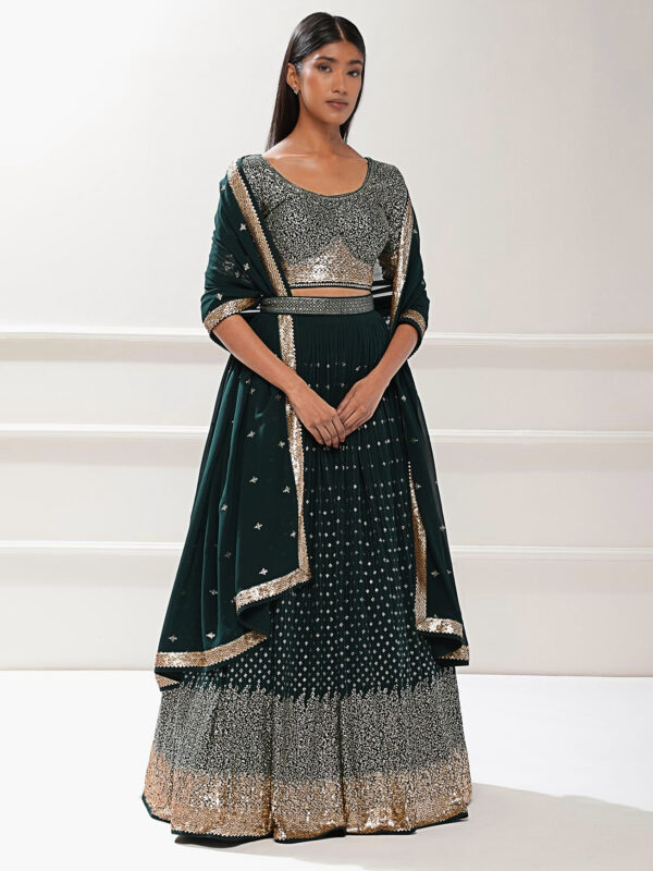 Luxurious Lehenga Choli With  golden sequins Work In Green Color. - Image 2