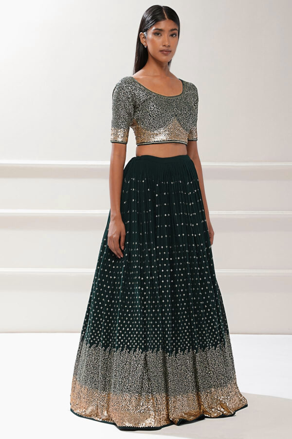 Luxurious Lehenga Choli With  golden sequins Work In Green Color. - Image 3