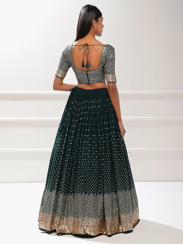 Luxurious Lehenga Choli With  golden sequins Work In Green Color. - Image 4