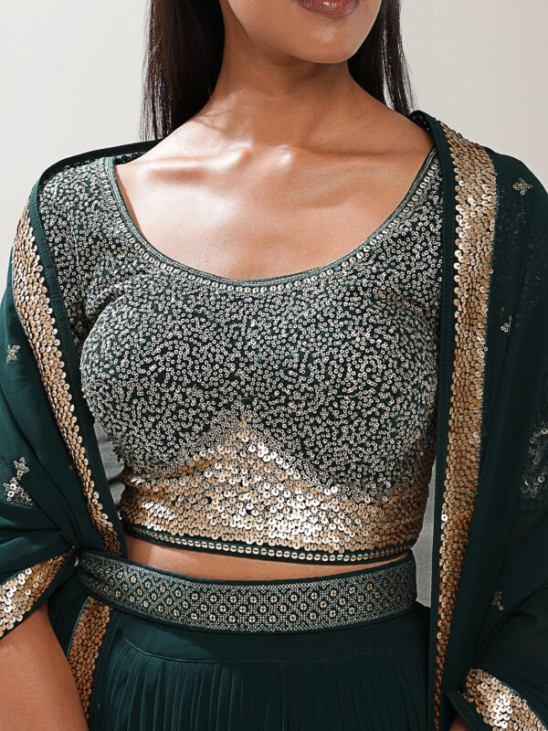 Luxurious Lehenga Choli With  golden sequins Work In Green Color. - Image 5