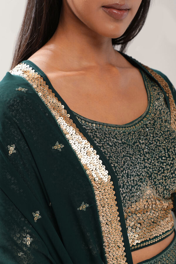 Luxurious Lehenga Choli With  golden sequins Work In Green Color. - Image 6