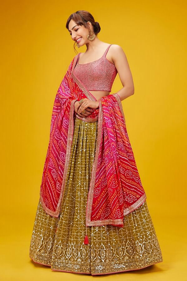 Luxurious Lehenga Choli With  golden sequins Work In Olive Color. - Image 2