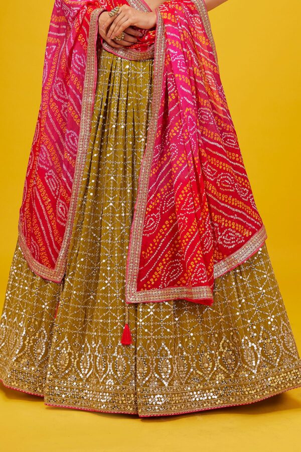 Luxurious Lehenga Choli With  golden sequins Work In Olive Color. - Image 3