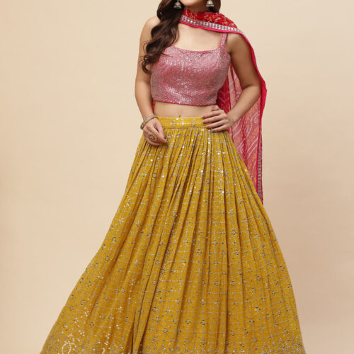 Luxurious Lehenga Choli With  golden sequins Work In Yellow Color.