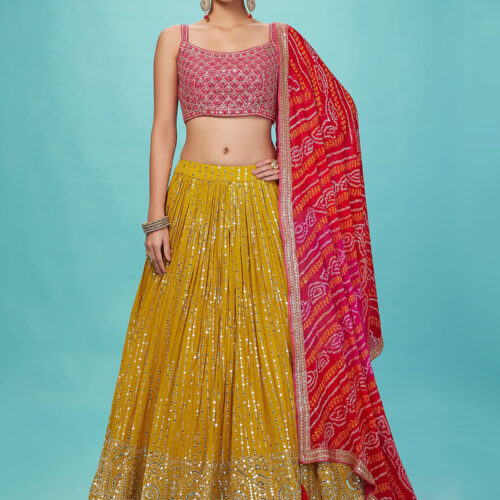 Luxurious Lehenga Choli With  golden sequins Work In Yellow Color.
