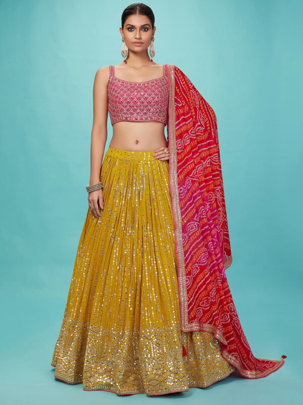 Luxurious Lehenga Choli With  golden sequins Work In Yellow Color.