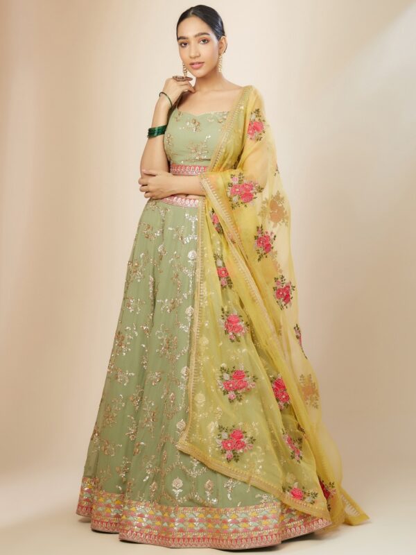 Bridesmaid Pista Green Lehenga Choli With golden sequins Work. - Image 3