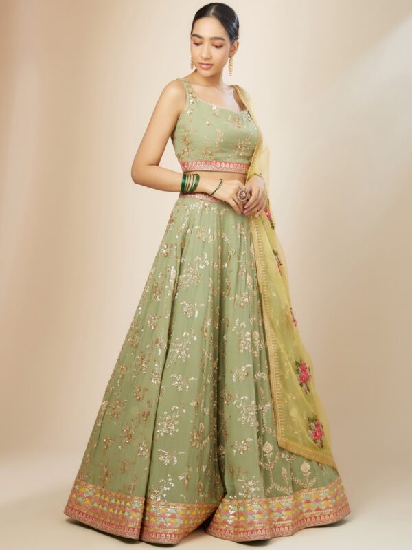 Bridesmaid Pista Green Lehenga Choli With golden sequins Work. - Image 4
