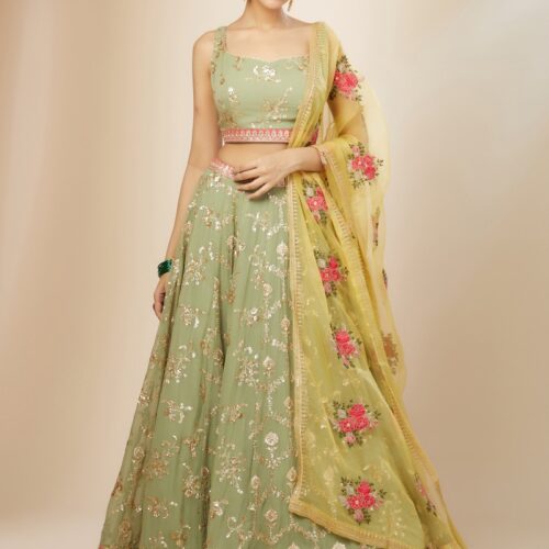 Bridesmaid Pista Green Lehenga Choli With golden sequins Work.