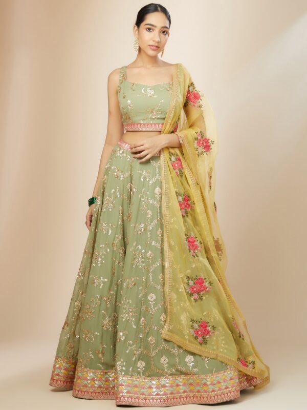 Bridesmaid Pista Green Lehenga Choli With golden sequins Work.