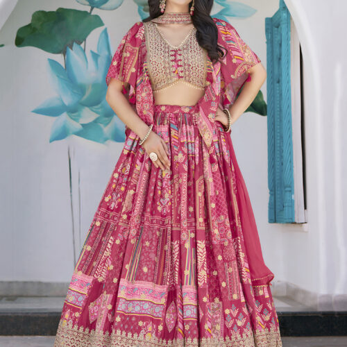 Pink Multicolor Printed Embroidered Lehenga Set