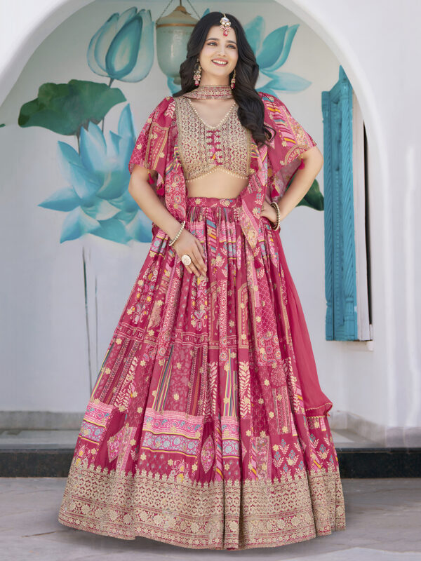 Pink Multicolor Printed Embroidered Lehenga Set