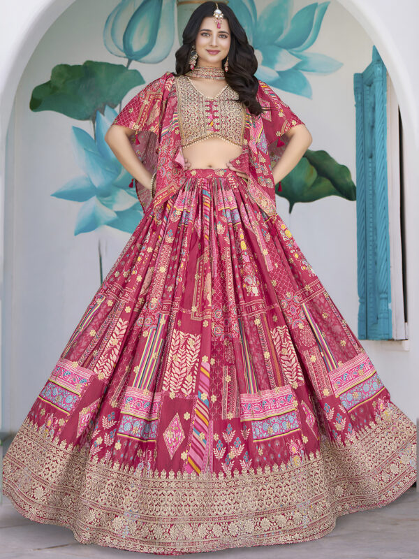 Pink Multicolor Printed Embroidered Lehenga Set - Image 4