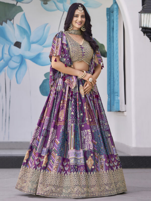 Purple Multicolor Printed Embroidered Lehenga Set - Image 4