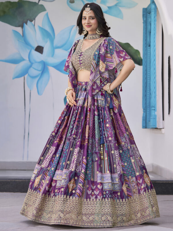 Purple Multicolor Printed Embroidered Lehenga Set - Image 5