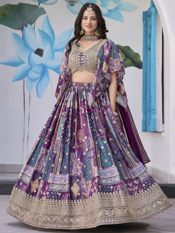 Purple Multicolor Printed Embroidered Lehenga Set - Image 3