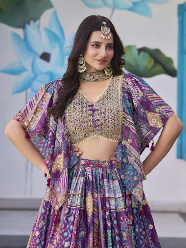 Purple Multicolor Printed Embroidered Lehenga Set