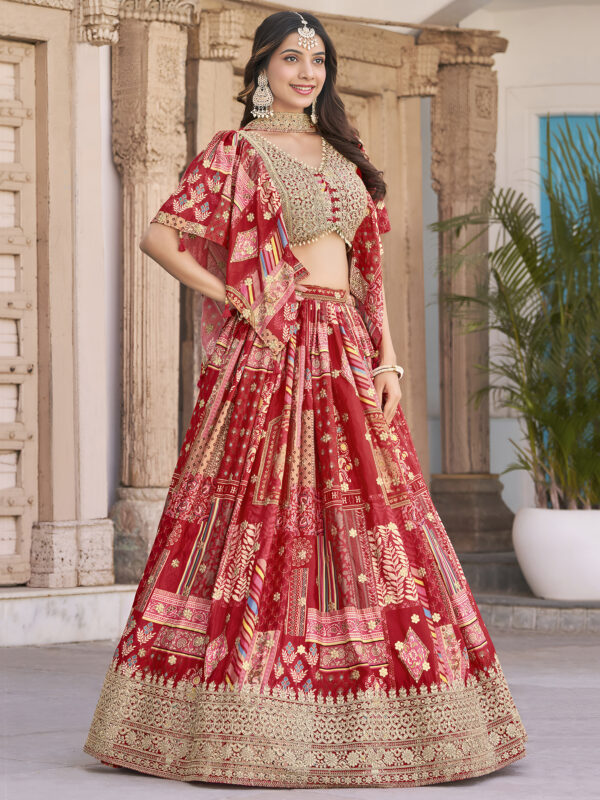 Red Multicolor Printed Embroidered Lehenga Set - Image 2