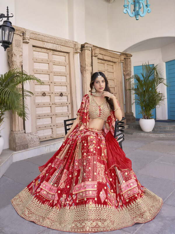 Red Multicolor Printed Embroidered Lehenga Set - Image 3