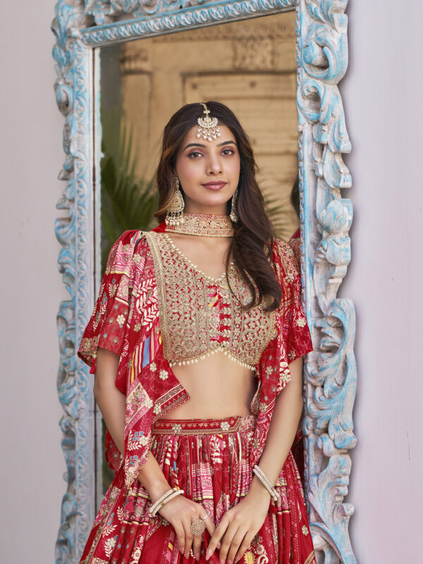 Red Multicolor Printed Embroidered Lehenga Set - Image 4