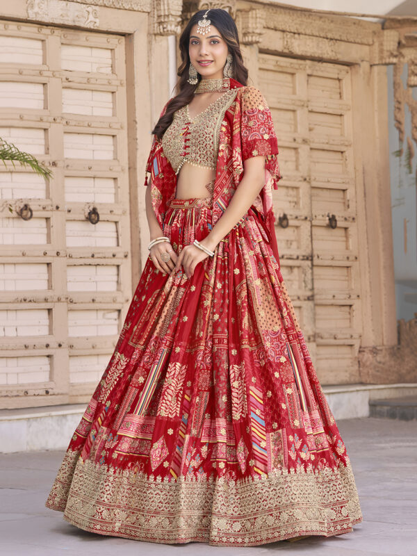 Red Multicolor Printed Embroidered Lehenga Set - Image 5
