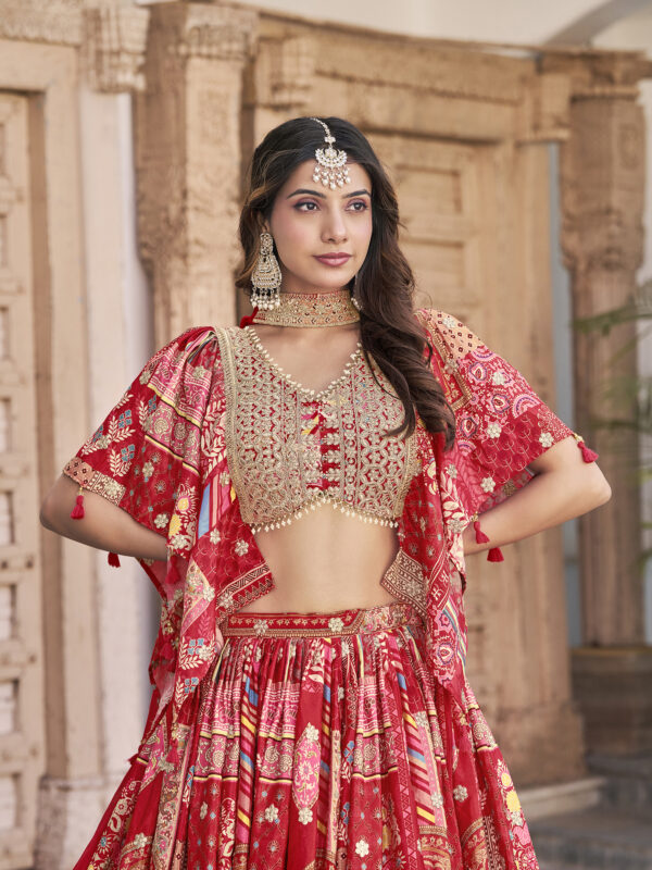 Red Multicolor Printed Embroidered Lehenga Set - Image 6