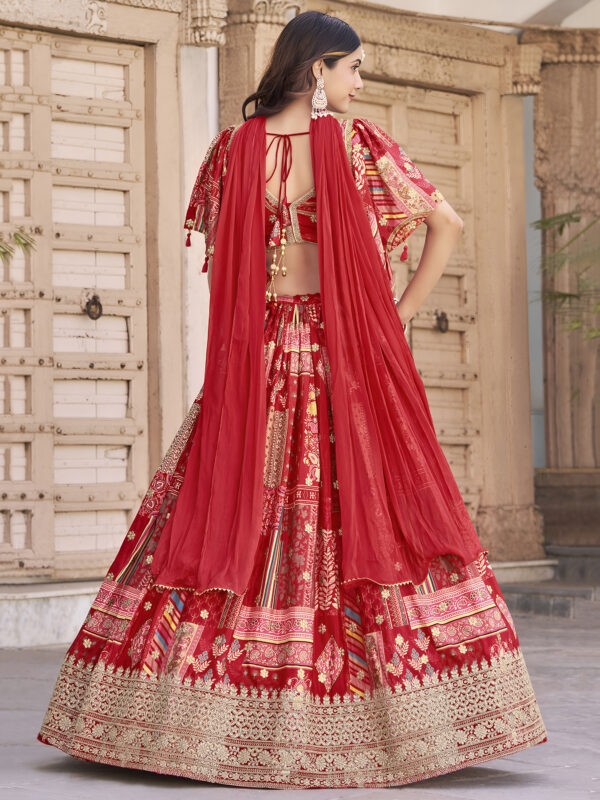 Red Multicolor Printed Embroidered Lehenga Set - Image 7