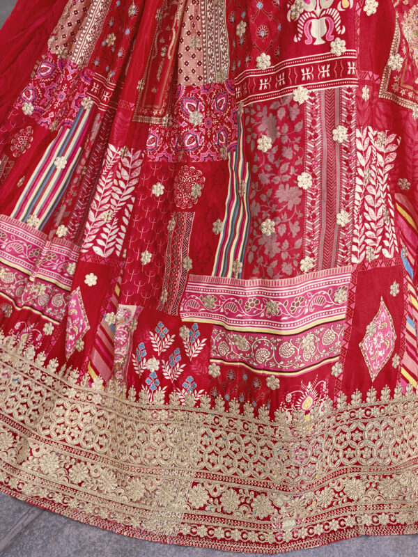 Red Multicolor Printed Embroidered Lehenga Set - Image 8