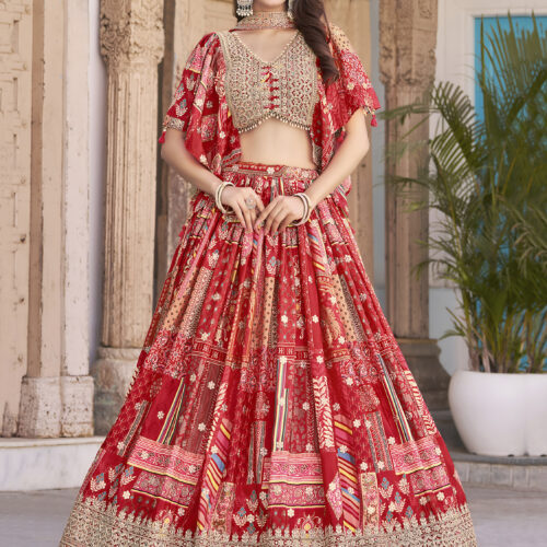 Red Multicolor Printed Embroidered Lehenga Set