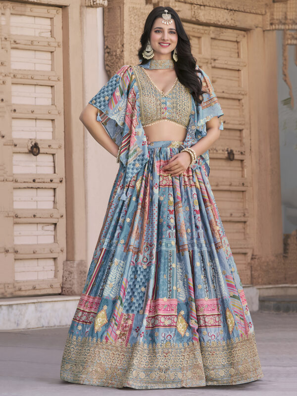 Sky Blue Multicolor Printed Embroidered Lehenga Set - Image 2