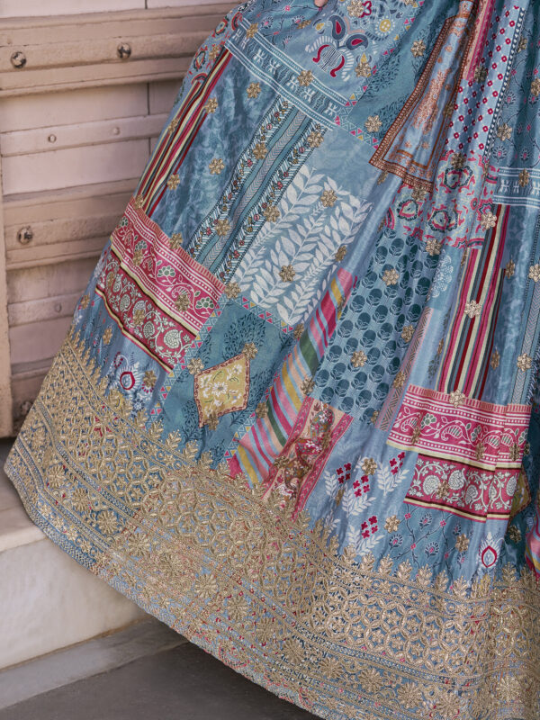 Sky Blue Multicolor Printed Embroidered Lehenga Set - Image 10