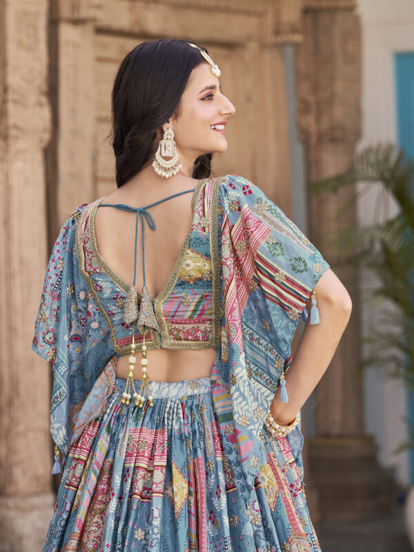 Sky Blue Multicolor Printed Embroidered Lehenga Set - Image 9