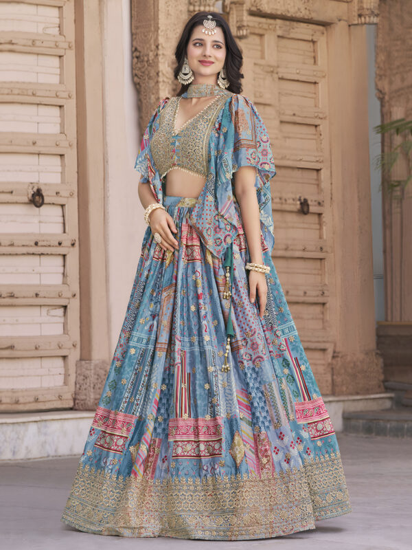 Sky Blue Multicolor Printed Embroidered Lehenga Set - Image 3