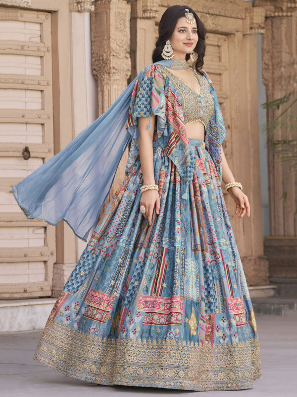 Sky Blue Multicolor Printed Embroidered Lehenga Set - Image 4