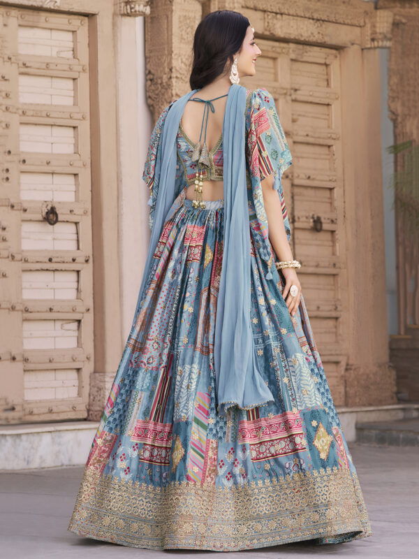 Sky Blue Multicolor Printed Embroidered Lehenga Set - Image 7