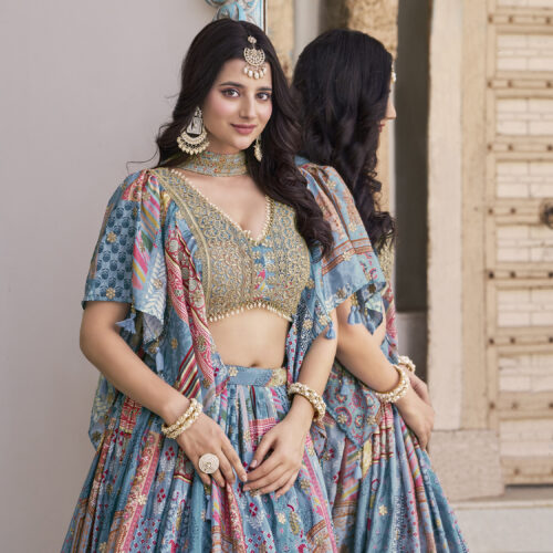 Sky Blue Multicolor Printed Embroidered Lehenga Set