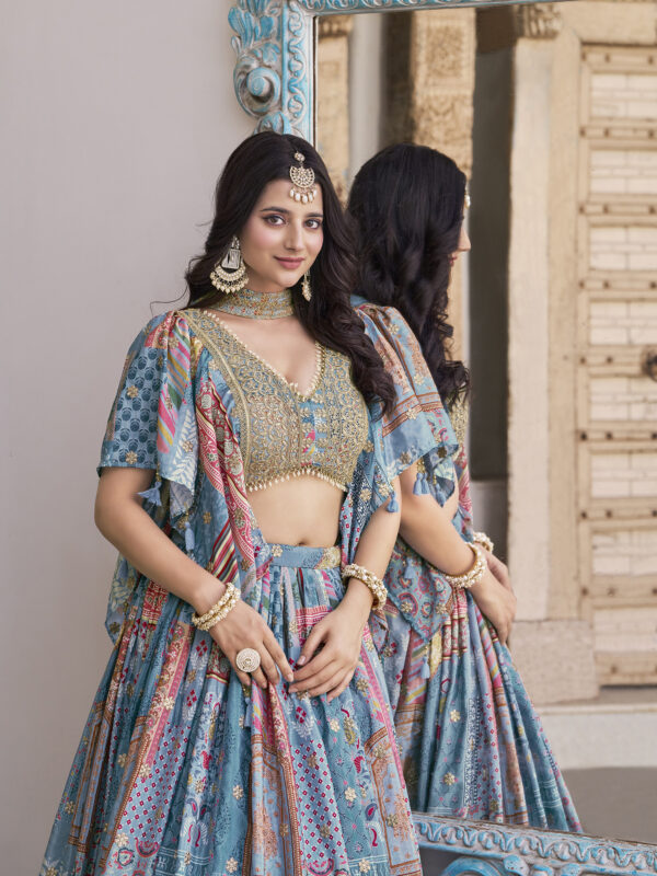 Sky Blue Multicolor Printed Embroidered Lehenga Set