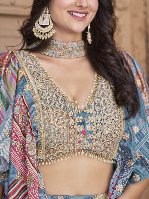 Sky Blue Multicolor Printed Embroidered Lehenga Set - Image 8