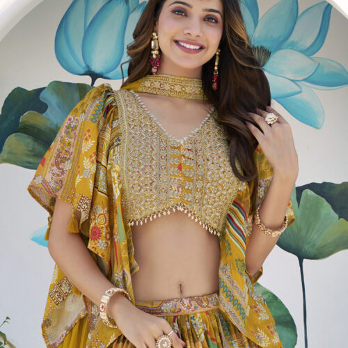 Yellow Multicolor Printed Embroidered Lehenga Set
