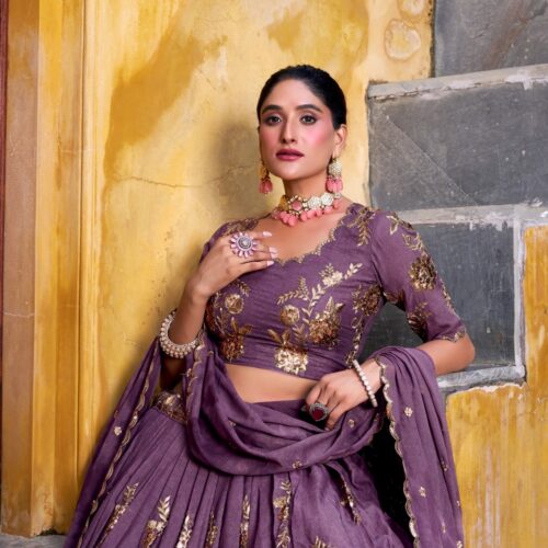 Lavender Color Lehenga With Sequins and Thread Embroidery Work.