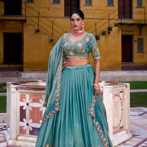 Sky Blue Color Lehenga With Sequins and Thread Embroidery Work.