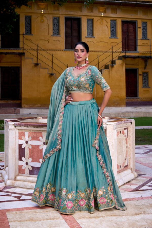 Sky Blue Color Lehenga With Sequins and Thread Embroidery Work. - Image 2
