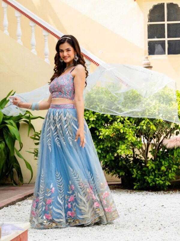 Sky Color Wedding Lehenga Choli Collection With Sequins Work. - Image 3