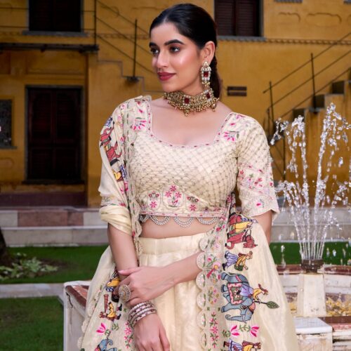 Off White Wedding Lehenga With Multi And Sequins embroidery Work.