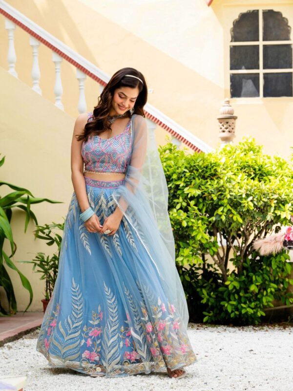 Sky Color Wedding Lehenga Choli Collection With Sequins Work. - Image 6