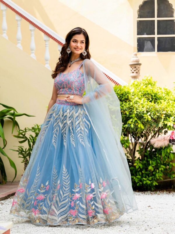 Sky Color Wedding Lehenga Choli Collection With Sequins Work. - Image 7