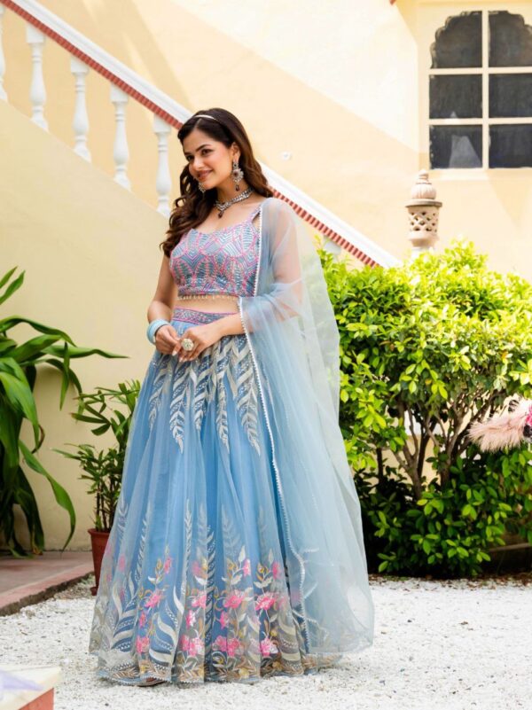 Sky Color Wedding Lehenga Choli Collection With Sequins Work. - Image 8