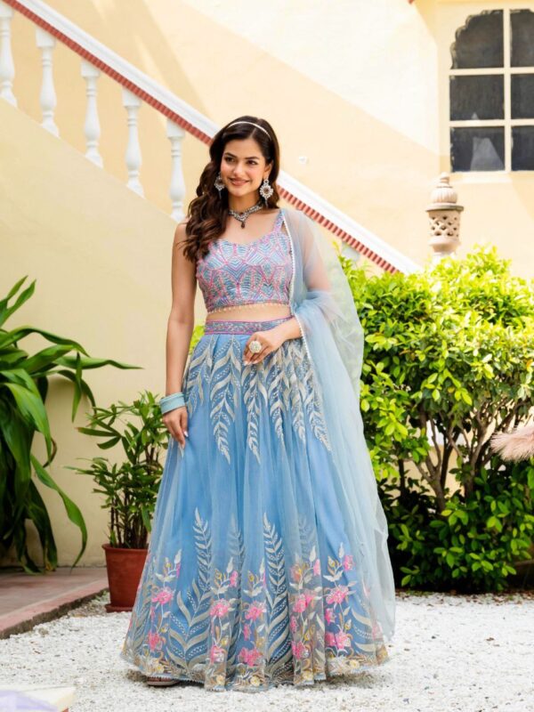 Sky Color Wedding Lehenga Choli Collection With Sequins Work.